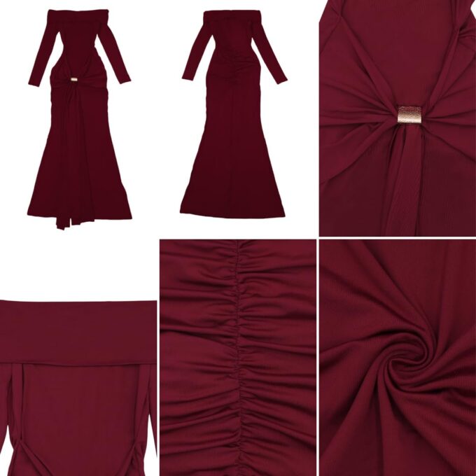 Women's Elegant Off Shoulder Long Sleeve Maxi Dress Sexy Strapless Ruched Metal Buckle Ribbon Bodycon Party Cocktail Dresses – Bild 3