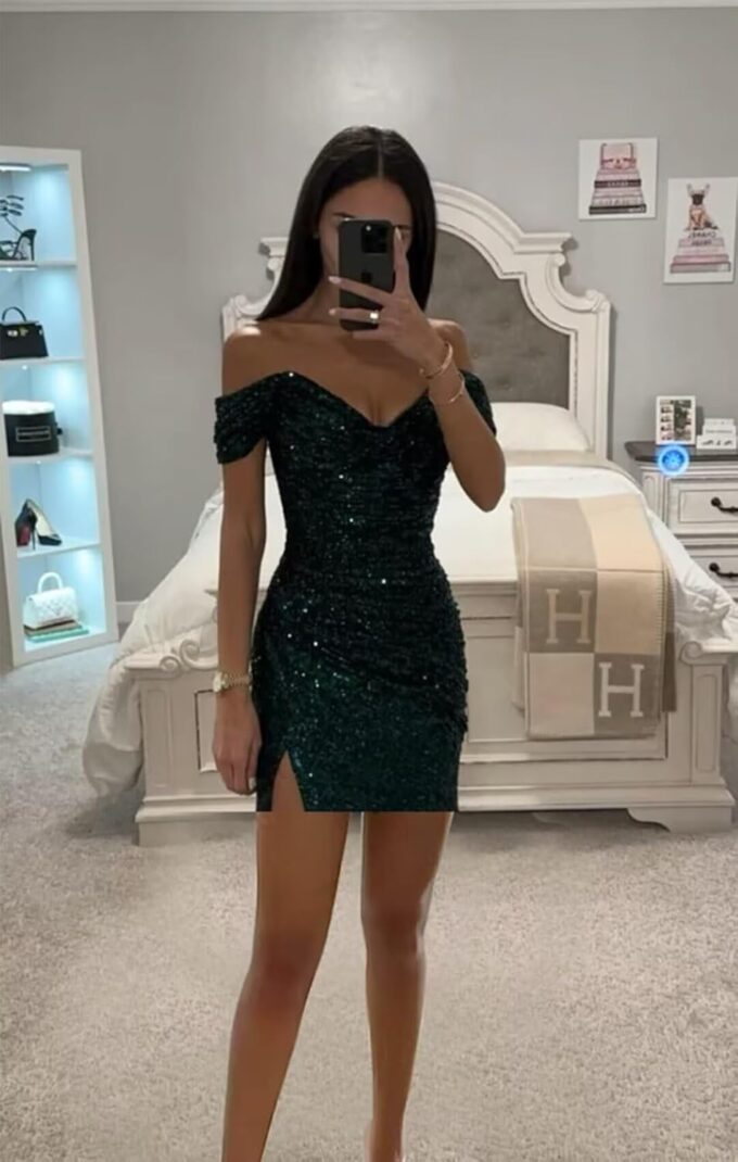 Off Shoulder Homecoming Dresses 2025 Sparkly Sequin Pleated Short Prom Dress Formal Cocktail Party Gowns – Bild 5