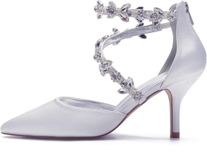 Anna's Bridal Women's Pointed Toe High Heels Pumps Ankle Strap Rhinestones Satin Heels Wedding Shoes for Bride Prom Party Dress Shoes Sandals – Bild 2