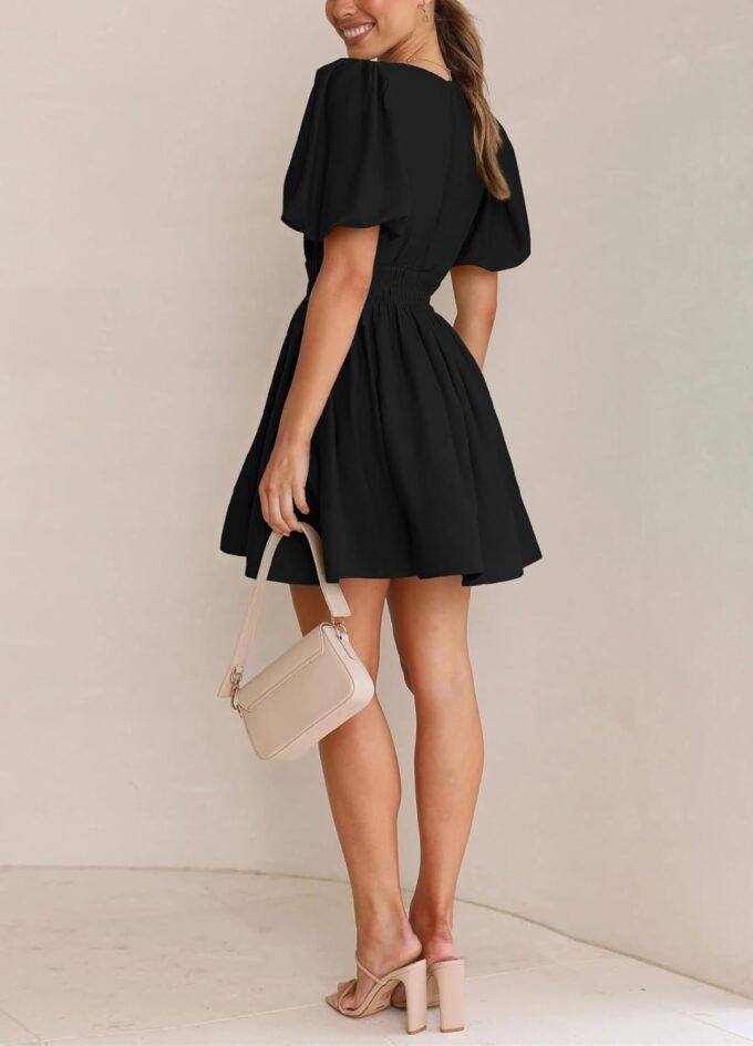 BWQ Women Mini Dress Short Puff Sleeve Sexy V Neck Dress A-line Elastic High Waisted Casual Flowy Summer Dresses – Bild 4