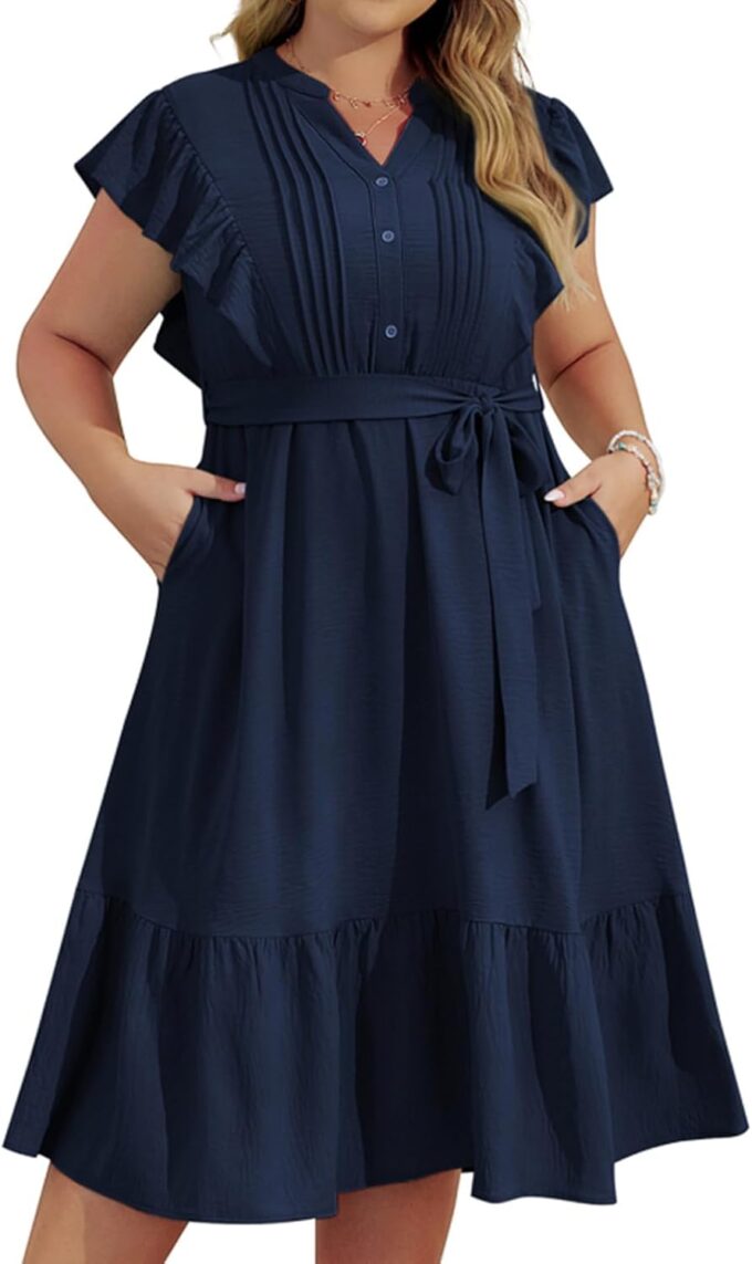 Hanna Nikole Plus Size Women's A-Line Dress with Ruffle Sleeves and Smocked Bust Elastic Waistband Lined Party Dress