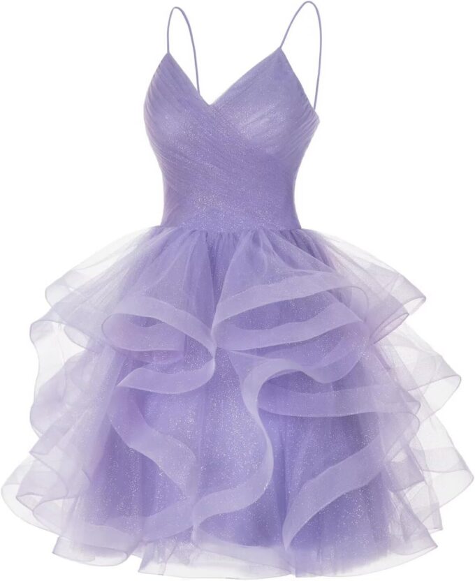 YOFF Glitter Tulle Tiered Short Homecoming Dresses for Juniors 2025 Ruffle A-Line Spaghetti Straps Prom Cocktail Dress YO067 – Bild 3