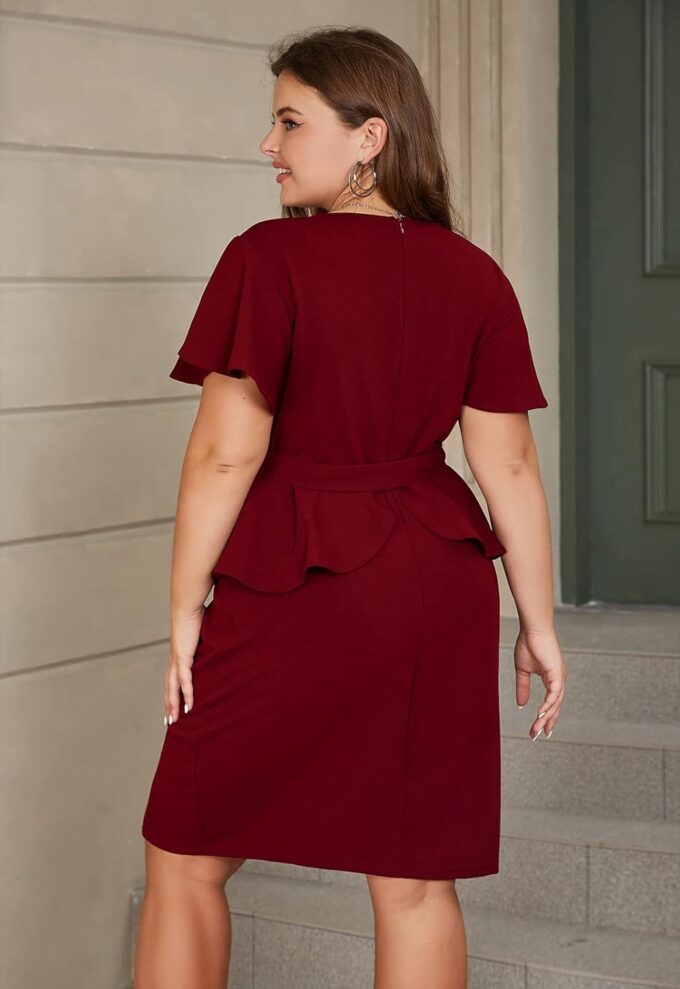 Plus Size Frauen Empire Taillierte Arbeit Midi Bleistift Bodycon Kleid V-Ausschnitt Kurzarm – Bild 7