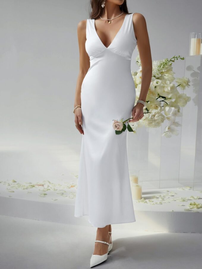 Womens Summer Elegant Satin V Neck Sleeveless Maxi Dress Silk Formal Cocktail Prom Dresses Wedding Guest – Bild 5