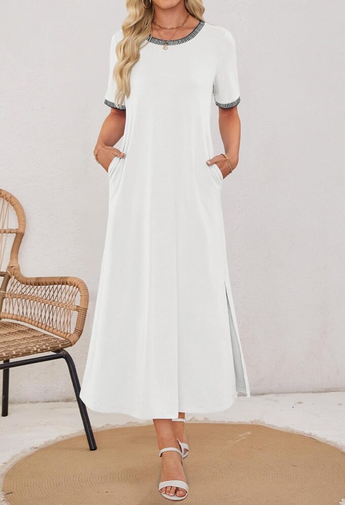 MEROKEETY Women's 2025 Summer Casual Maxi Dress Spring Beach Vacation Short Sleeve Crewneck Split Midi T Shirt Dresses – Bild 6