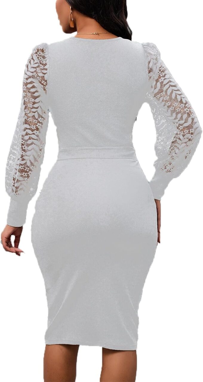 Womens Sexy Wrap V Neck Lantern Lace Long Sleeve Bodycon Midi Dress Semi Formal Cocktail Party Dresses – Bild 2