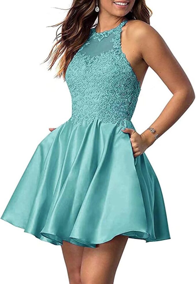 Women's Homecoming Dresses Satin Cocktail Dresses with Pockets for Teens Halter Applique Lace Short Prom Dresses – Bild 5