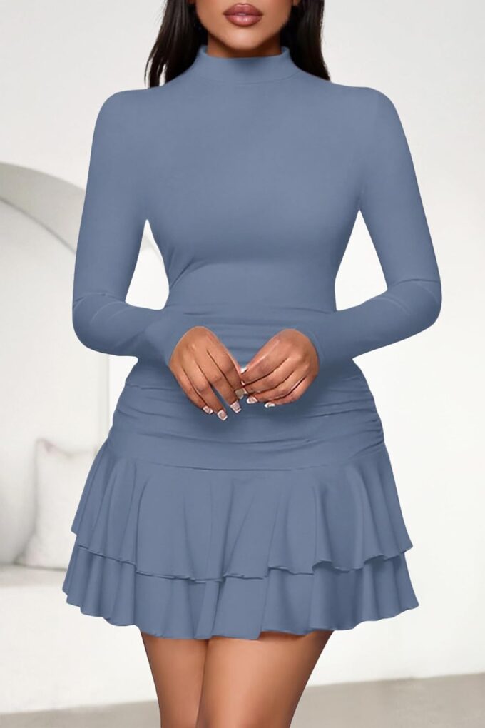 PRETTYGARDEN Women's Fall Long Sleeve Dresses 2025 Mock Neck Ruched Y2K Clothes Ruffle Layered Bodycon Mini Party Dress – Bild 3