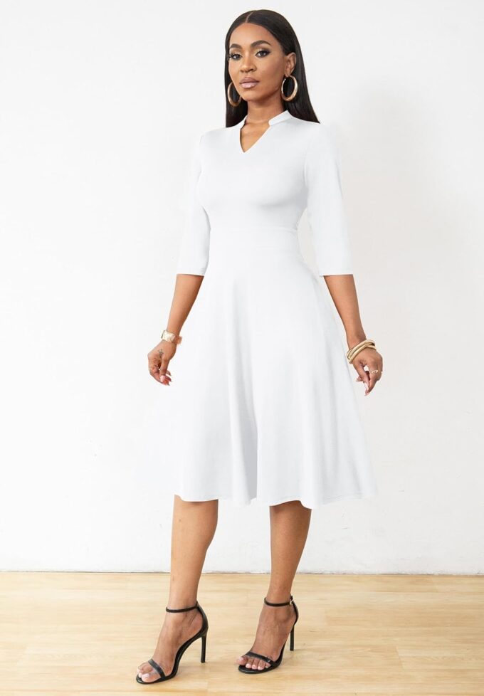 FANDEE Church Dresses for Women Casual Funeral Dress 3/4 Sleeve A-line Cocktail Tea Semi Formal Fit and Flare Dresses V Neck – Bild 2