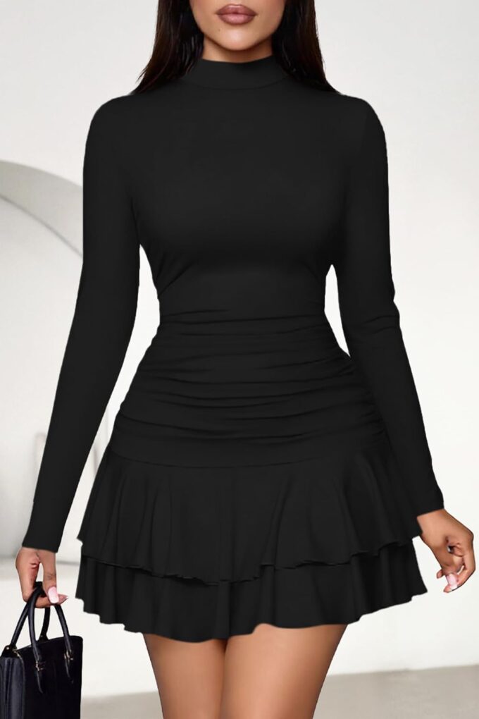PRETTYGARDEN Women's Fall Long Sleeve Dresses 2025 Mock Neck Ruched Y2K Clothes Ruffle Layered Bodycon Mini Party Dress – Bild 6