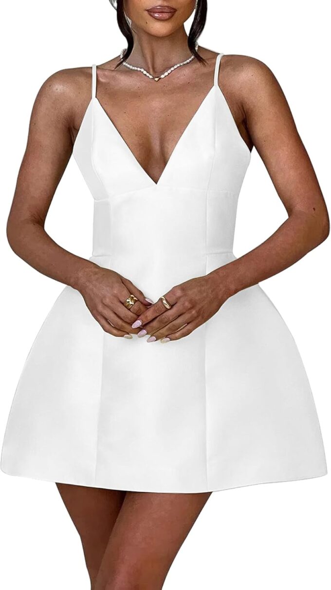LuFeng Women's Sexy Sleeveless Spaghetti Strap Deep V Neck Backless Flowy Drape Cocktail Mini Dress – Bild 3