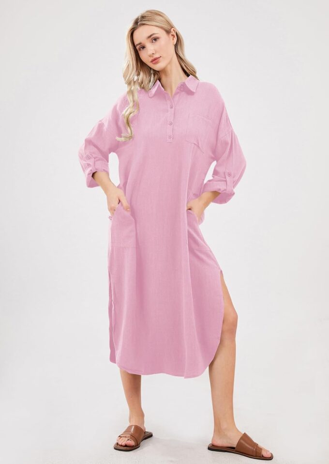 utcoco Womens Casual Loose Cotton Linen Long Shirt Dress Lapel Button Cuffed Sleeve Side Split Dresses with Pockets – Bild 8