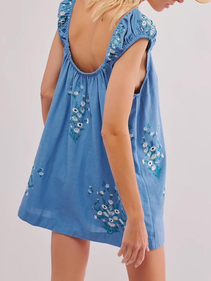 Linen Mini Cute Dress Womens Floral Embroidered Dress with Crew Neck and Sleeveless Casual Guest Vintage Dresses – Bild 4