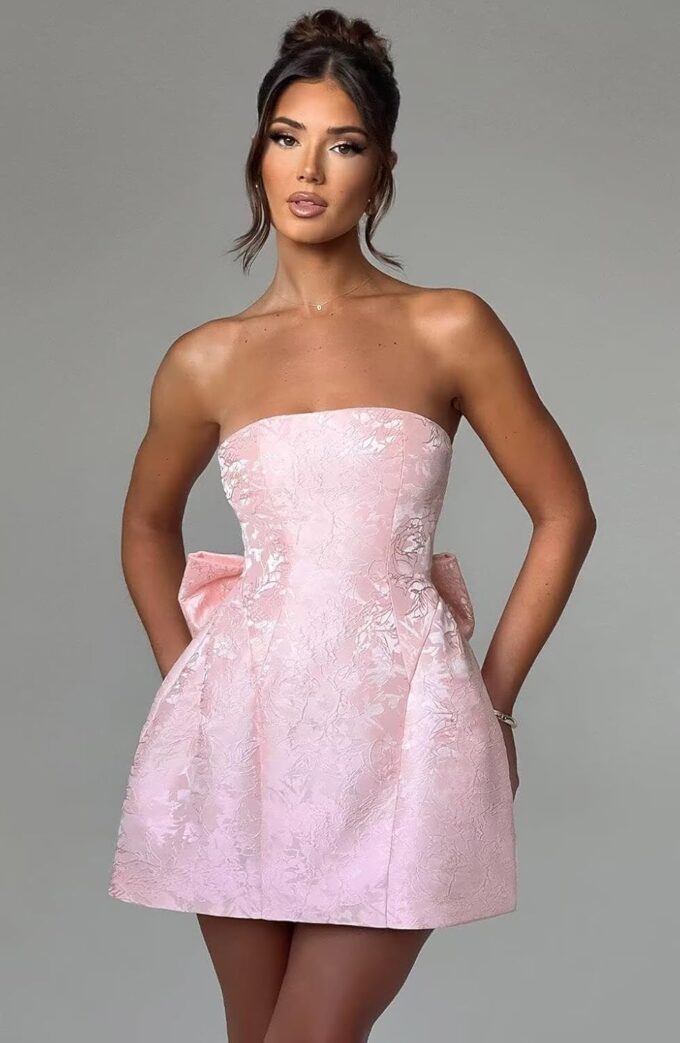 Embroidery Satin Short Prom Dress for Womens Straplesss Party Cocktial Homecoming Mini Gown with Bow Back – Bild 5