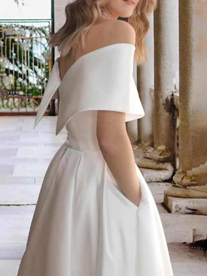Simple Short Wedding Dresses for Bride Modest White A Line Off The Shoulder Tea Length Satin Wedding Dress for Women Formal Bridal Shower Engagement Elopement Dresses US12 – Bild 2