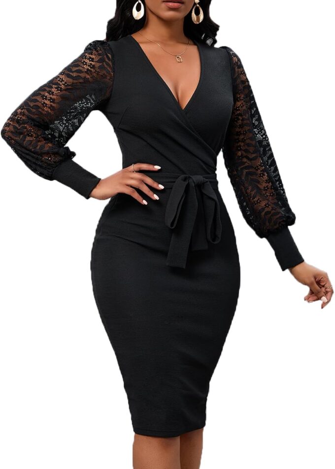 Womens Sexy Wrap V Neck Lantern Lace Long Sleeve Bodycon Midi Dress Semi Formal Cocktail Party Dresses – Bild 4