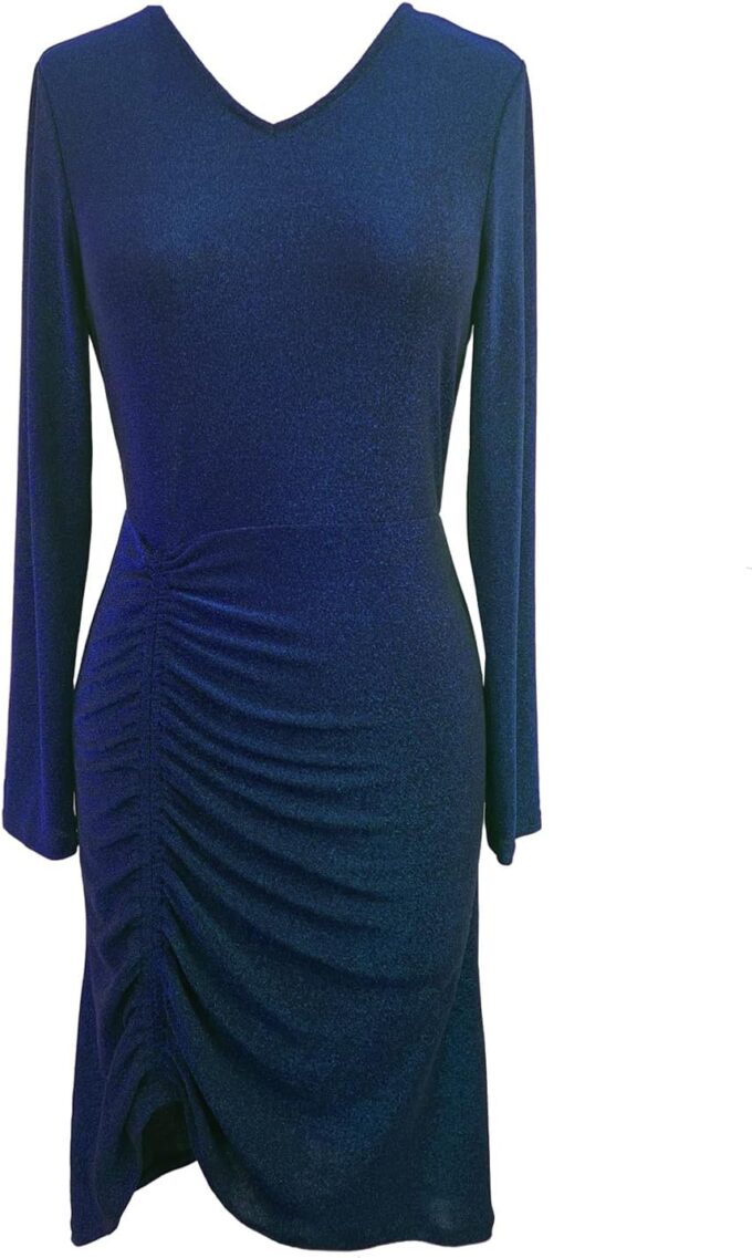 MISSCHEN Women's Glitter V-Neck Long Sleeve Cocktail Dress Ruched Bodycon Tea-Length Stretchy Formal Gown for Wedding Party