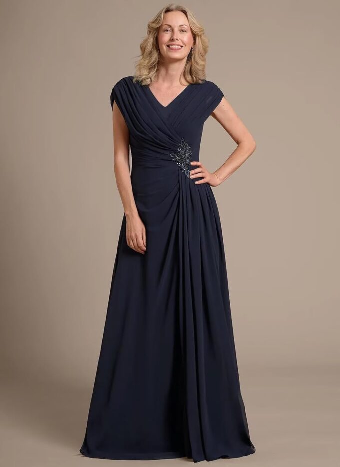 Miao Duo Women's Cap Sleeves Mother of The Bride Dress 2025 Chiffon Long Ruched A Line Formal Dresses YZTS122 – Bild 3