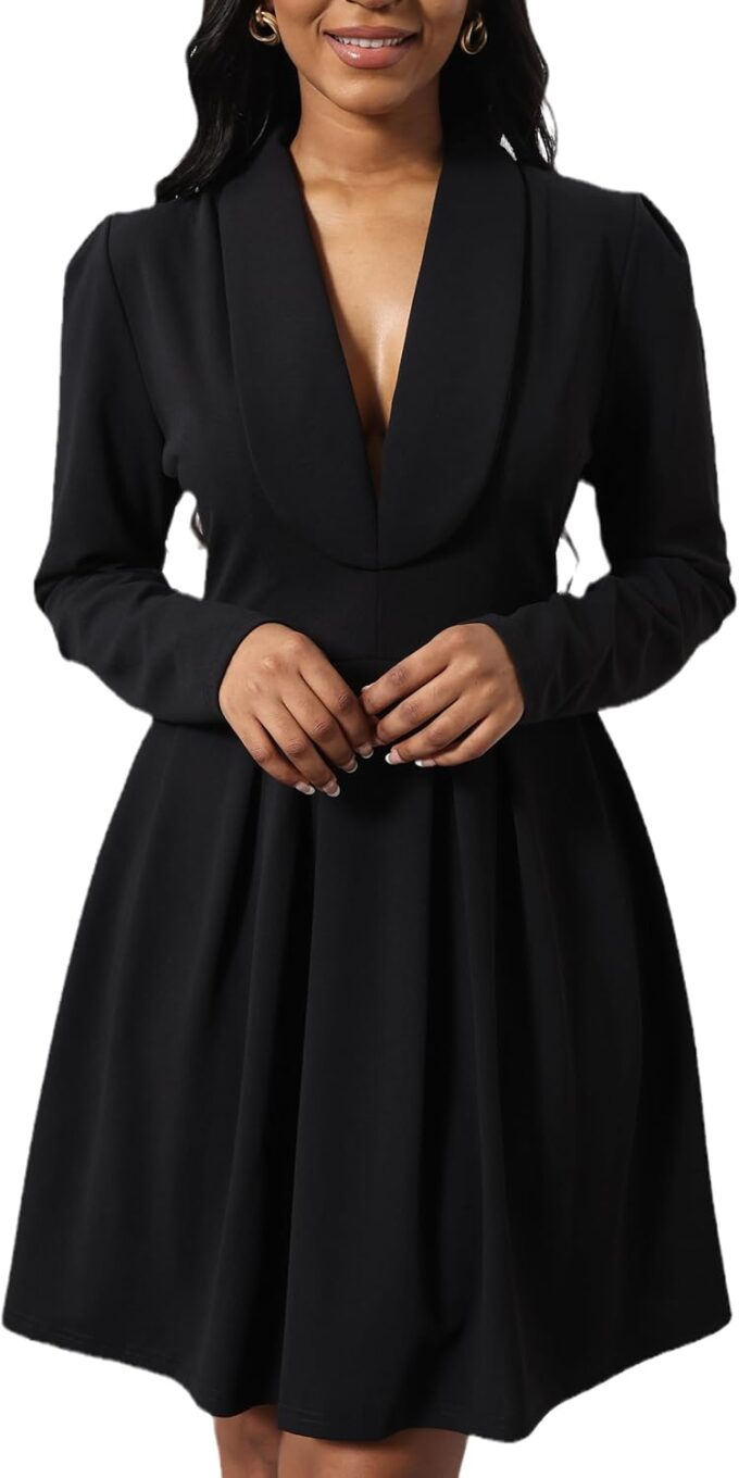 acelyn Damen Casual Langarm Revers V Ausschnitt Arbeitskleid Elegant Business Büro A Linie Blazer Kleid