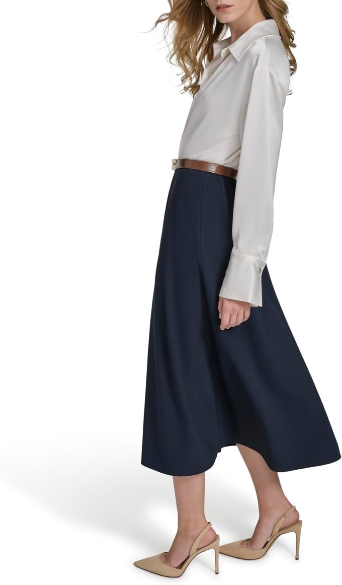 Halston Damen Long Sleeve Shirt Collared V-Neck Midi Dress Kleid – Bild 3