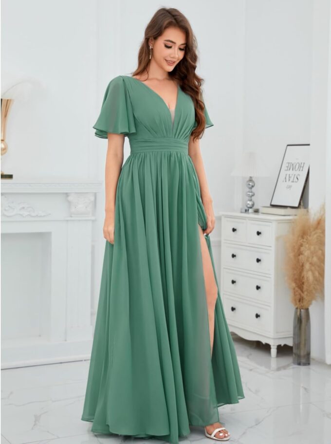 V Neck Chiffon Bridesmaid Dress with Slit Flutter Sleeve Chiffon Pleated Formal Prom Dresses for Women – Bild 6