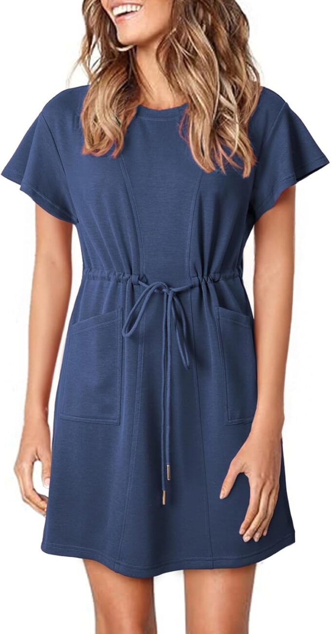 EVALESS Womens Spring Summer Dresses 2025 Casual Round Neck Ruffle Short Sleeve Flowy A Line Mini Dress with Pockets