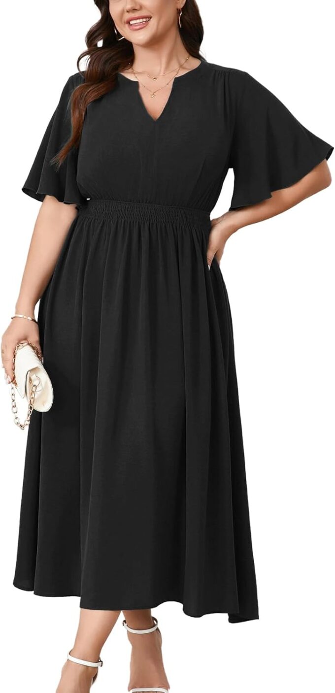 Women's Plus Size Dress for Women Wedding Guest Cocktail Smocked Ruffle Short Sleeve V Neck Flowy Maxi Dresses