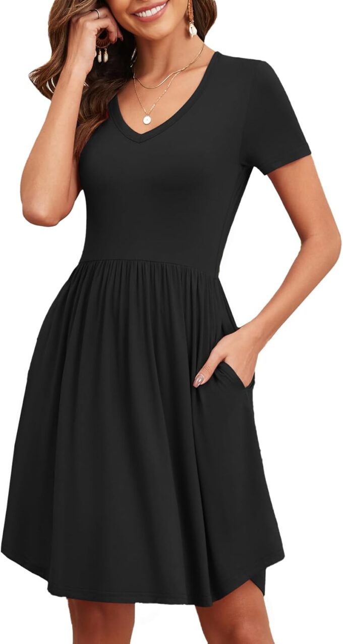 Women's 2025 Summer Short Sleeve Dresses Casual Loose Fit Swing T Shirt Dress V Neck Sundress with Pockets – Bild 3