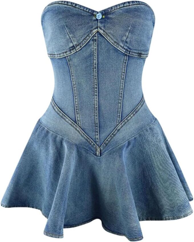 Molisry Women's Summer Tube Top Denim Dress Off Shoulder Sleeveless Sexy Cute Ruffle Pleated Jean Mini Dress Clubwear – Bild 4