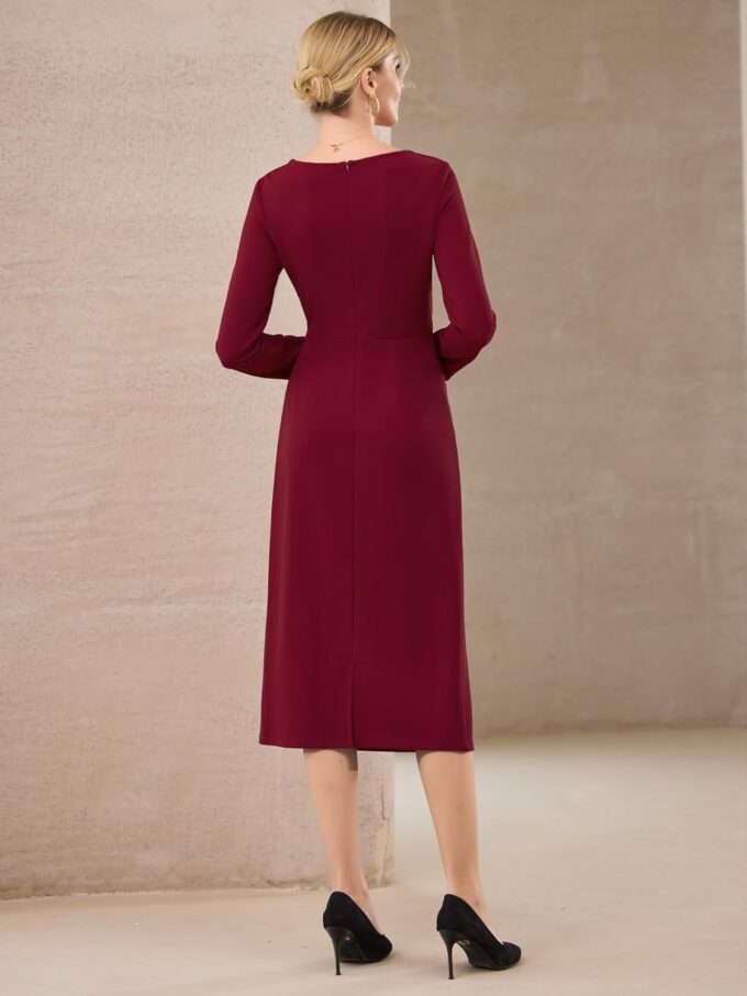 Hobemty Knielanges Bleistiftkleid für Damen, lange Ärmel, zum Binden an der Taille, Kirche, Arbeit, Etuikleider – Bild 5