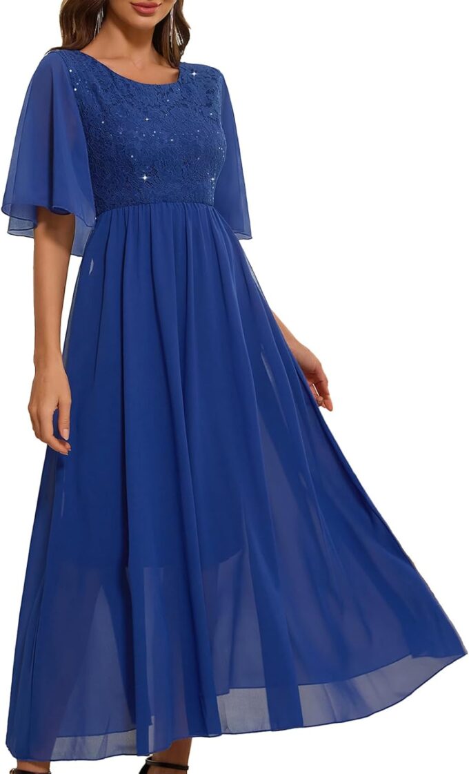 Women's Wedding Guest Long Dress Cocktail Party Formal Cape Ruffle Sleeve Chiffon Lace Sequin Dress
