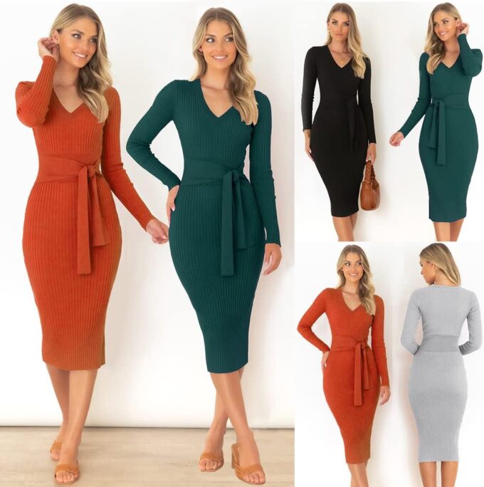 Yuanlar Damen Elegant V Ausschnitt Langarm Fliege Strick Bodycon Slim Fit Midi Kleid Bleistiftkleid – Bild 6