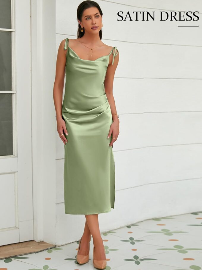 Women's Spaghetti Strap Midi Satin Slik Dress Cowl Neck Elegant Long Slip Ruched Evening Dress Party Cocktail – Bild 6