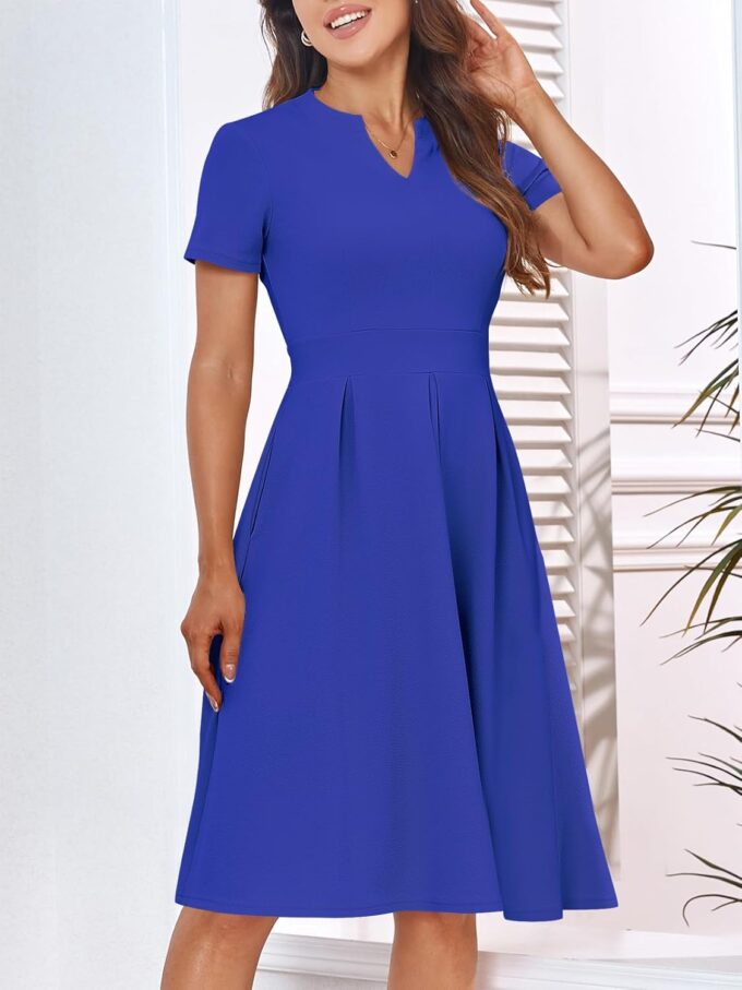 YATHON Womens Elegant Print Notched Neck Slant Pocket Pleated Hem Casual A-Line Dress – Bild 5