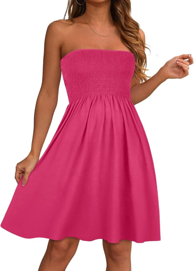 elescat Summer Dresses for Women Strapless Casual Beach Cover Ups Tube Top Sundress