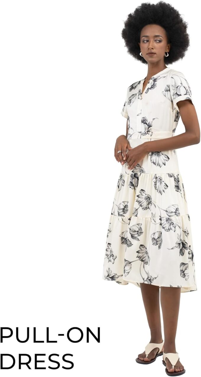 SIXDO Damen-Midikleid, Seide, Weiß, V-Ausschnitt, Kragen, A-Linie, kurze Ärmel, zum Überziehen, Arbeit, Büro, Business, Freizeit, Sommer, Herbst – Bild 2