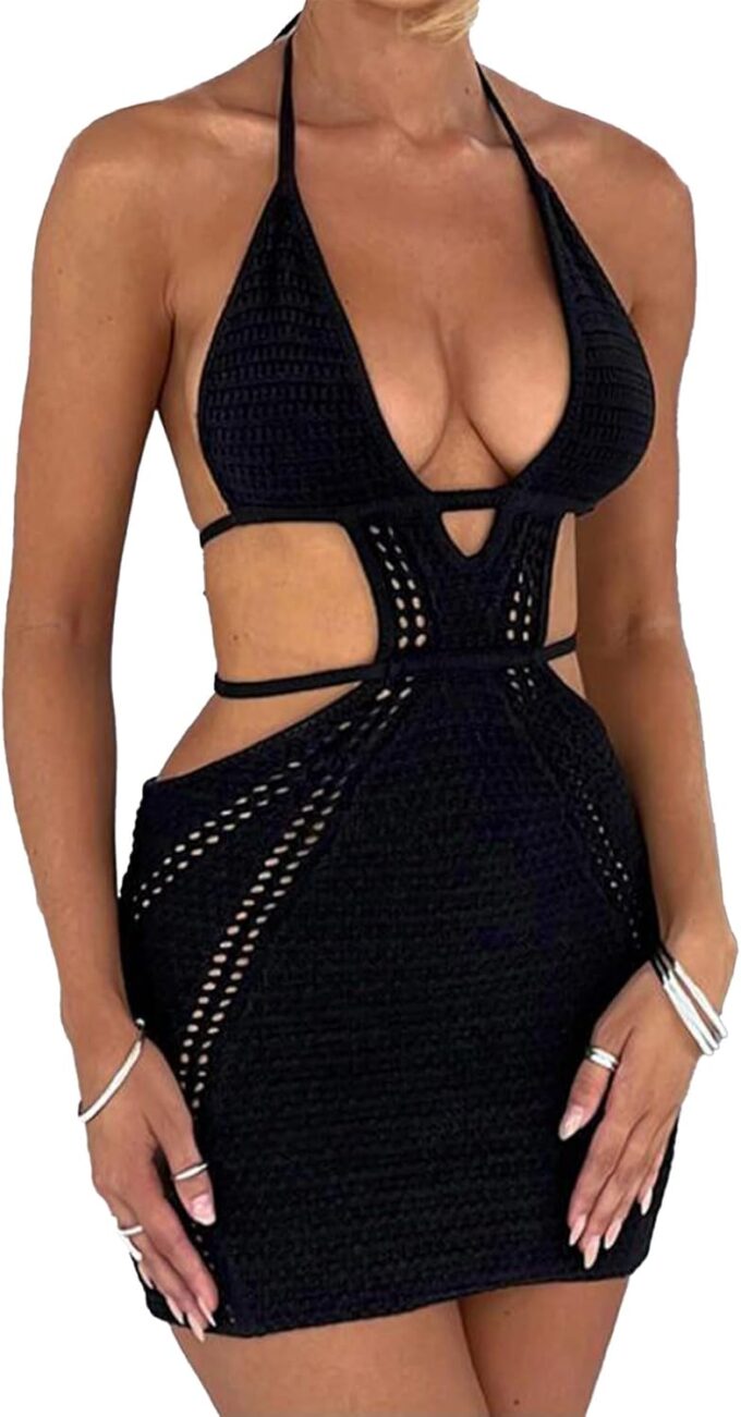 xxxiticat Women's Cutout Knitted Mini Dress Sleeveless Halter Neck Deep V Low Cut Open Back Hollow Out Bodycon Short Dress