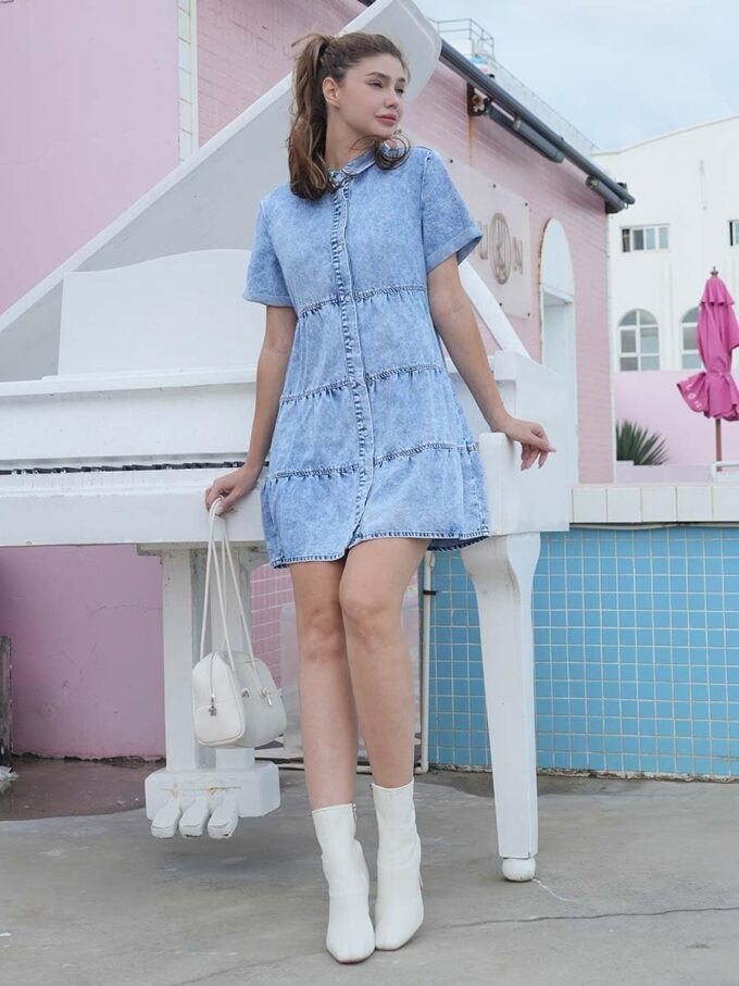 Denim Dress for Women Button Down Short Sleeves Casual Summer Jean Shirt Babydoll Denim Dress – Bild 4