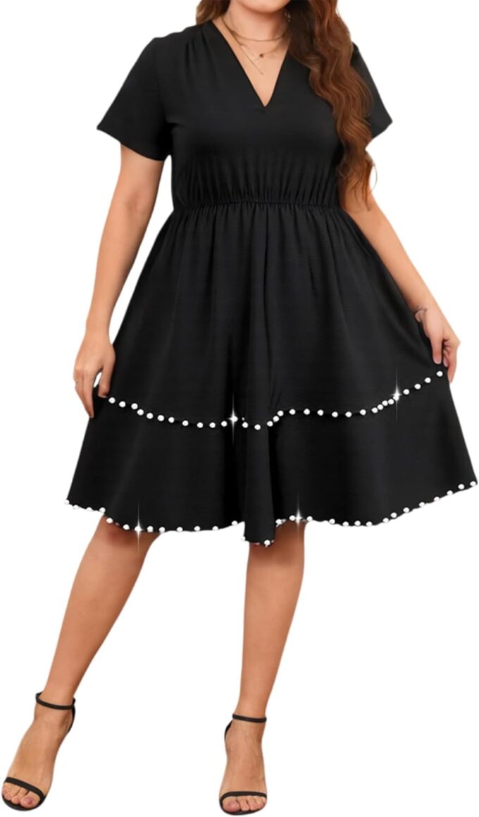 ZNU Plus Size Women’s Cocktail Dresses Studded Draped Double Hem Prom Dress Elegant V-Neck Short Sleeve A-Linen Dresses