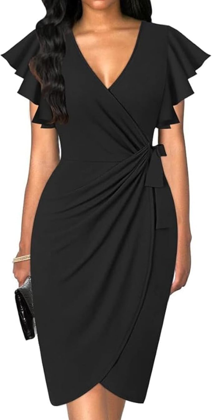 MinciLuxury Damen-Cocktailkleid 2024, Sommerkleid, Rüschenärmel, V-Ausschnitt, Party, Hochzeit, Gast, Wickelkleid