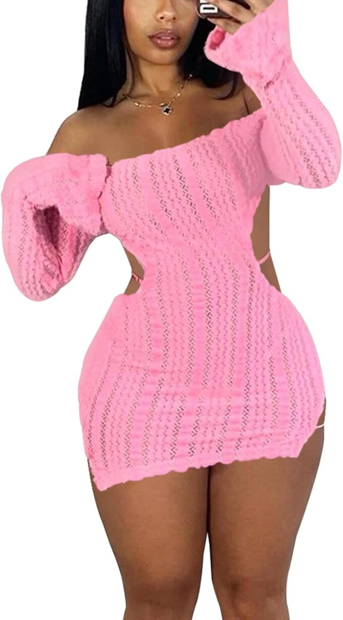 Sexy Off Shoulder Fuzzy Y2K Mini Dress for Women Strappy Backless Long Sleeve Party Club Birthday Dresses Date Night