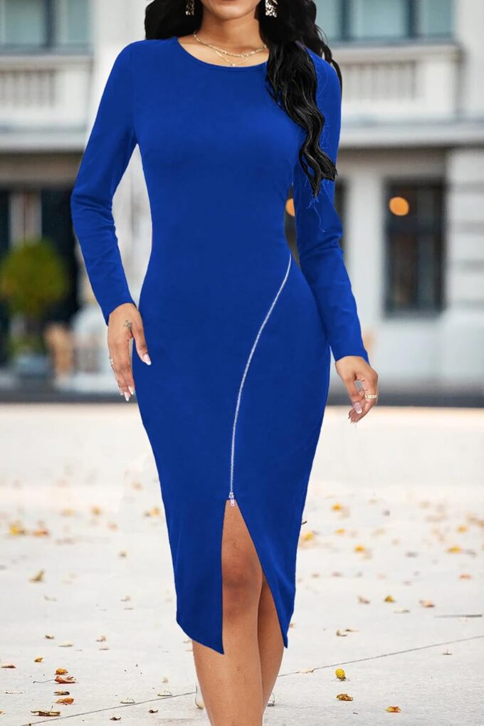 Yiershu Lässiges Damen-Midikleid mit halbem Reißverschluss, Rundhalsausschnitt, lange Ärmel, Pullover – Bild 5