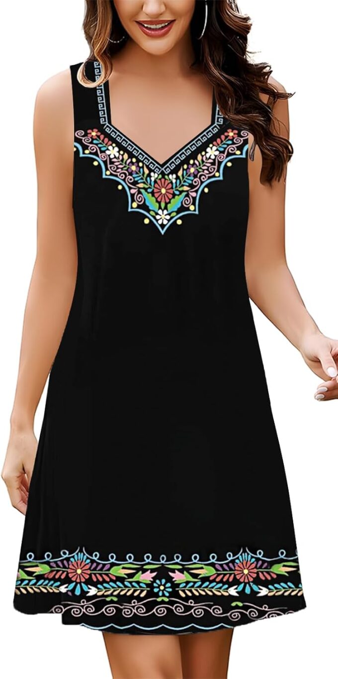 SAUKOLE Summer Dresses for Women Casual Loose Sleeveless Tank Dress Fashion V Neck Flowy Mini Short Sundress – Bild 2
