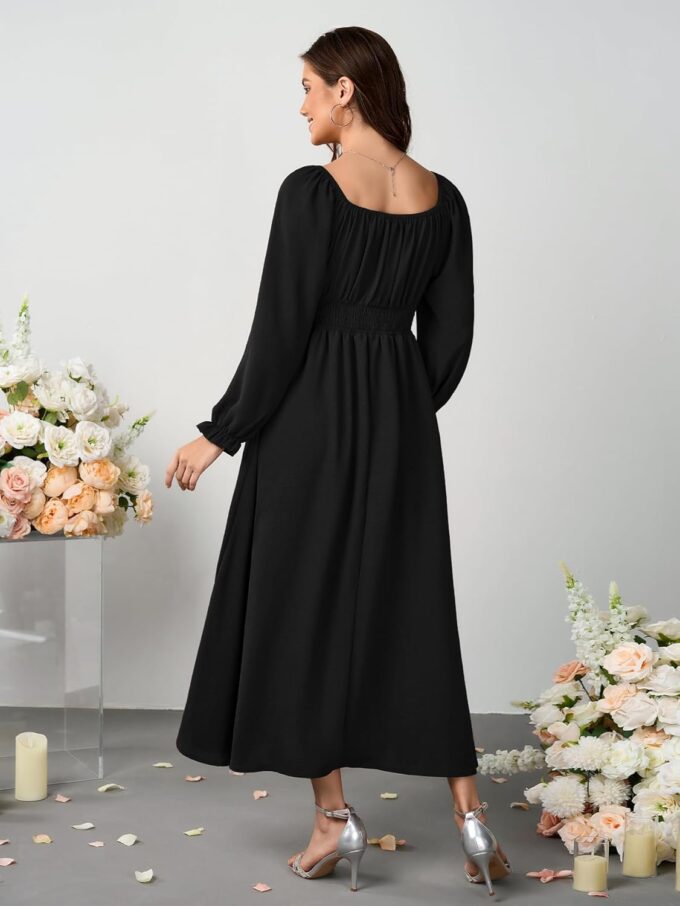 Women's Plus Size Dress Long Sleeve Smocked Dress Square Neck Tie Front Split A-Line Maxi Long Dresses – Bild 5