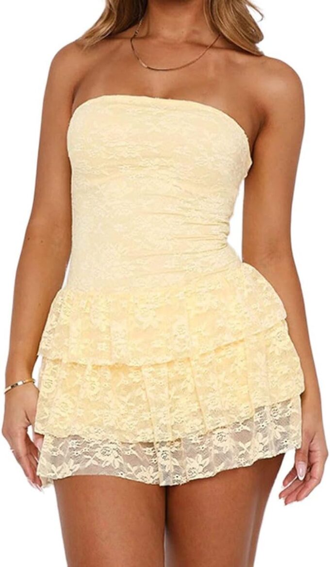 Women Sexy Strapless Tiered Ruched Tube Mini Dress Y2k Sleeveless Backless Lace Ruffle Hem A-Line Short Dress