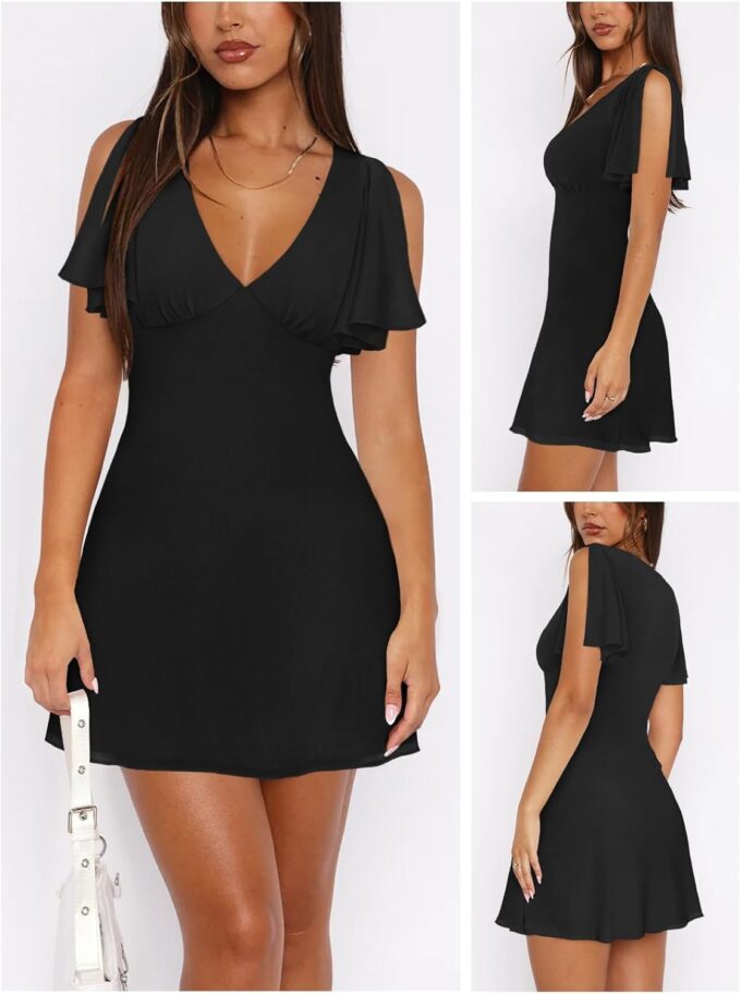 Women's Sexy Deep V-Neck Ruffle Sleeve Mini Dresses Summer Casual Bodycon Beach Cocktail Party Club Short Dress – Bild 2