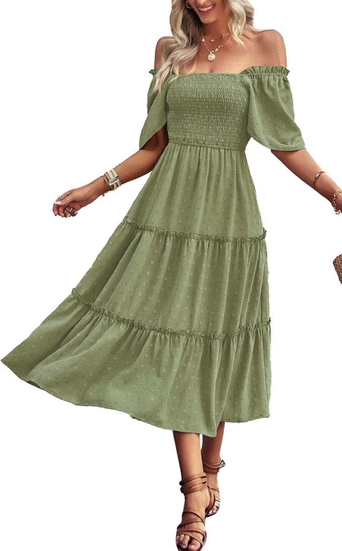 Women's Casual Summer Dress 2025 Square Neck Flutter Sleeve Smocked Tiered Midi Dress Swiss Dot Boho Flowy Dresses – Bild 3