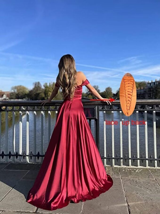 Off The Shoulder Bridesmaid Dresses Satin Prom Dress A Line Split Evening Party Dress for Women HS011 – Bild 2