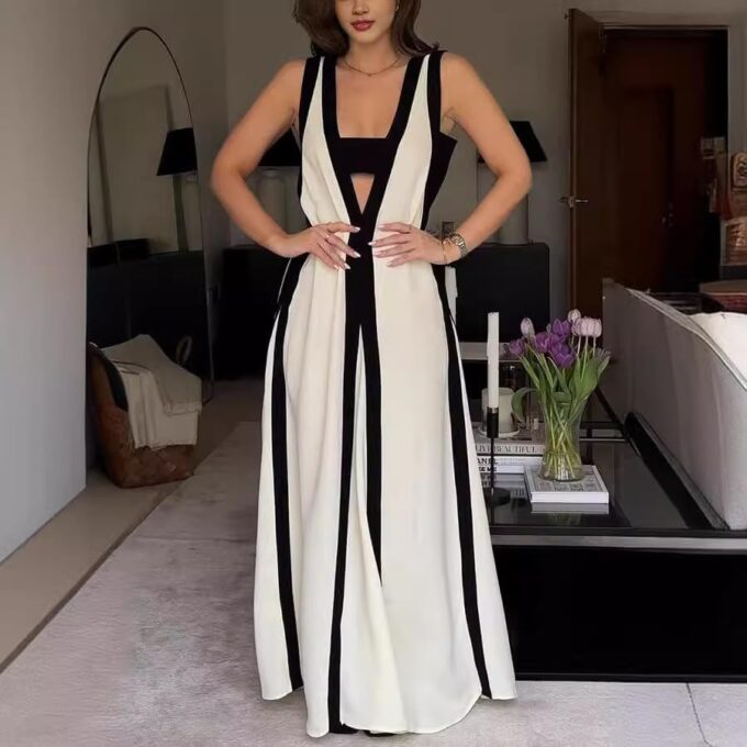 Women's 2025 Summer Sexy Maxi Dress Sleeveless V Neck Color Contrast Hollow Swing Cocktail Party Holiday Dresses – Bild 2