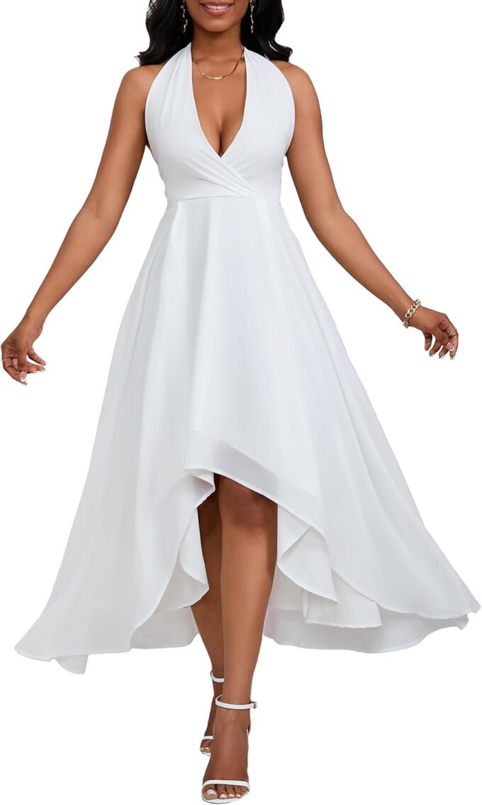VERWIN Halter Neck Dress Sleeveless Maxi Dress Split Ruffle Hem Casual Backless Evening Party Cocktail Dress